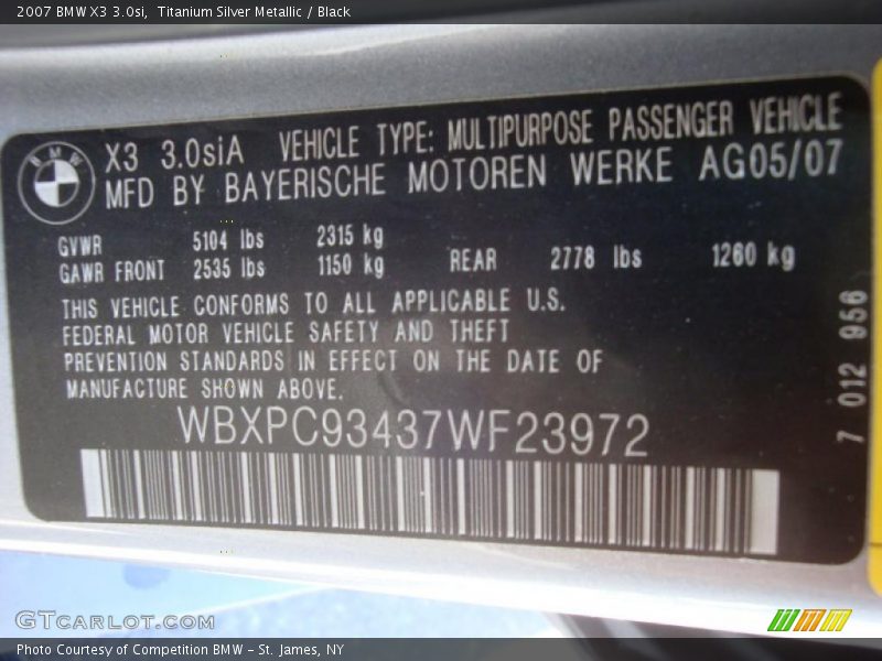 Titanium Silver Metallic / Black 2007 BMW X3 3.0si