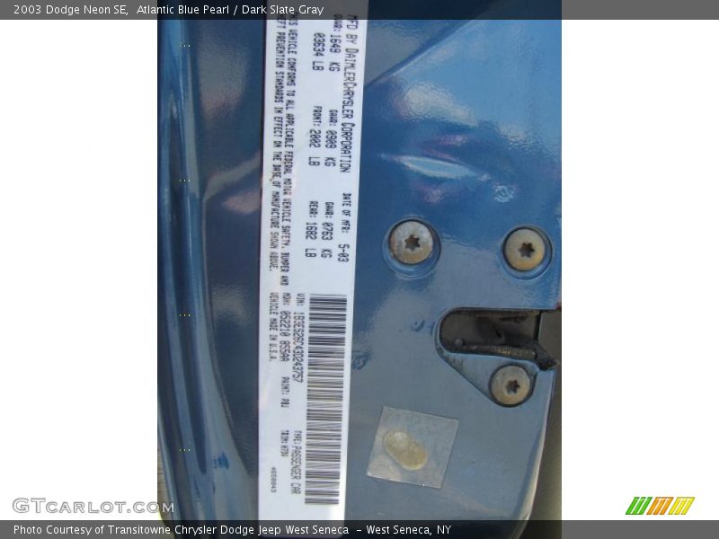 Atlantic Blue Pearl / Dark Slate Gray 2003 Dodge Neon SE