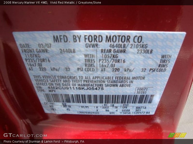 Vivid Red Metallic / Greystone/Stone 2008 Mercury Mariner V6 4WD