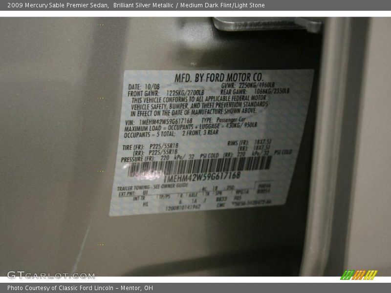 Brilliant Silver Metallic / Medium Dark Flint/Light Stone 2009 Mercury Sable Premier Sedan
