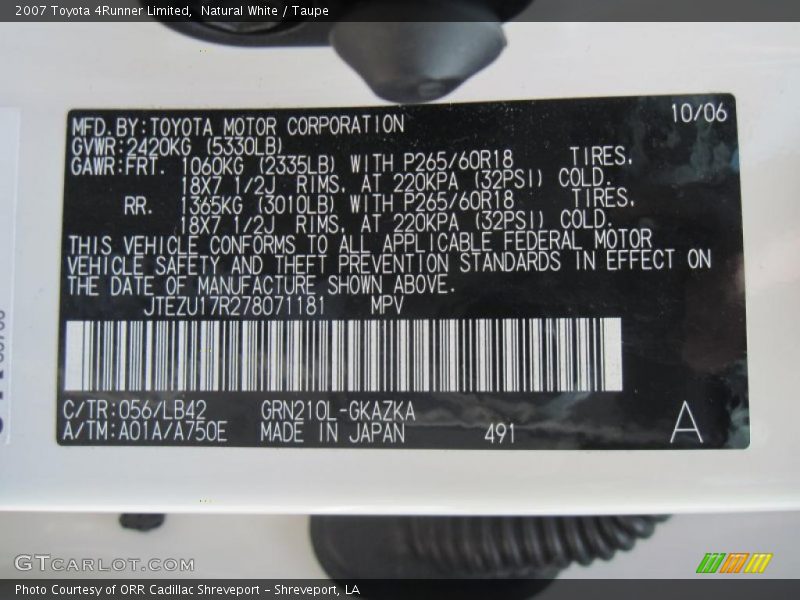 Natural White / Taupe 2007 Toyota 4Runner Limited