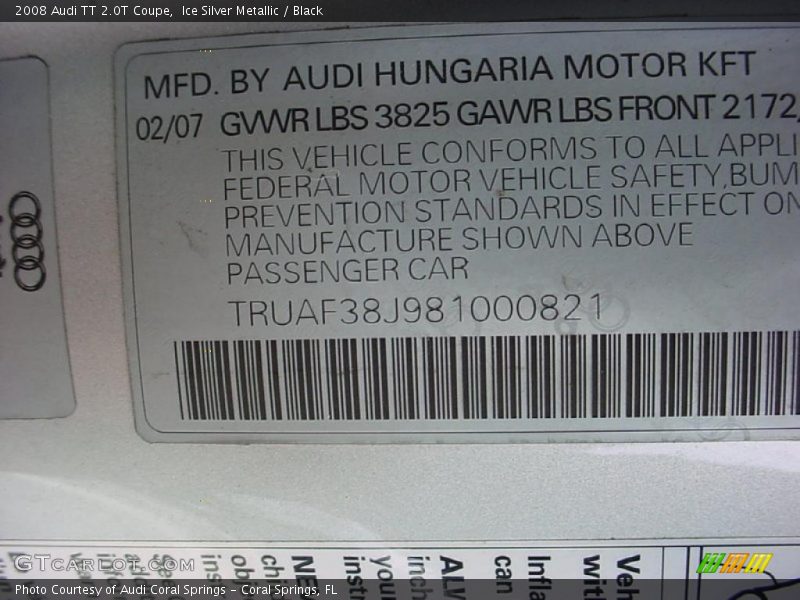 Ice Silver Metallic / Black 2008 Audi TT 2.0T Coupe