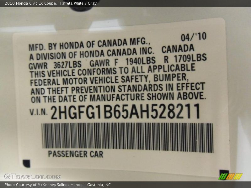 Taffeta White / Gray 2010 Honda Civic LX Coupe