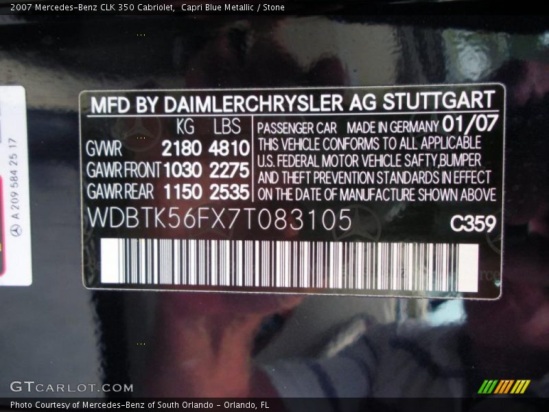 Capri Blue Metallic / Stone 2007 Mercedes-Benz CLK 350 Cabriolet