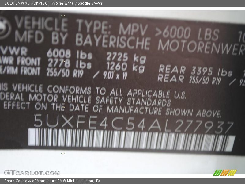 Alpine White / Saddle Brown 2010 BMW X5 xDrive30i