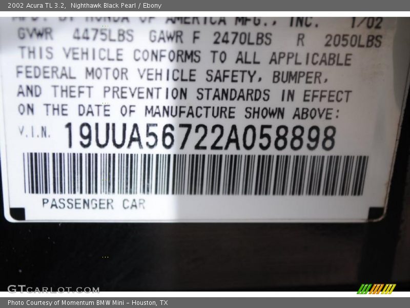 Nighthawk Black Pearl / Ebony 2002 Acura TL 3.2