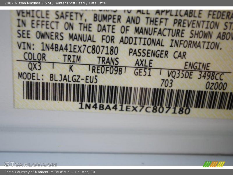 Winter Frost Pearl / Cafe Latte 2007 Nissan Maxima 3.5 SL