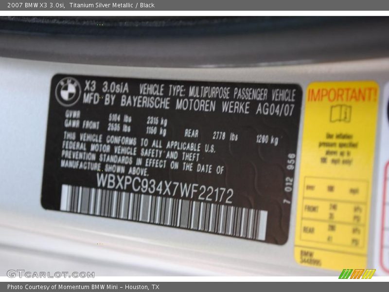 Titanium Silver Metallic / Black 2007 BMW X3 3.0si