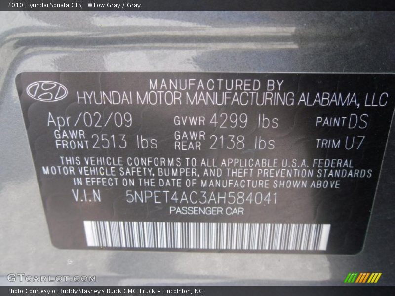 Willow Gray / Gray 2010 Hyundai Sonata GLS