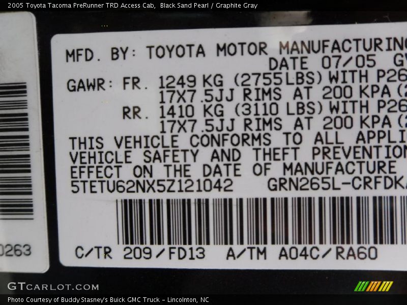 Black Sand Pearl / Graphite Gray 2005 Toyota Tacoma PreRunner TRD Access Cab