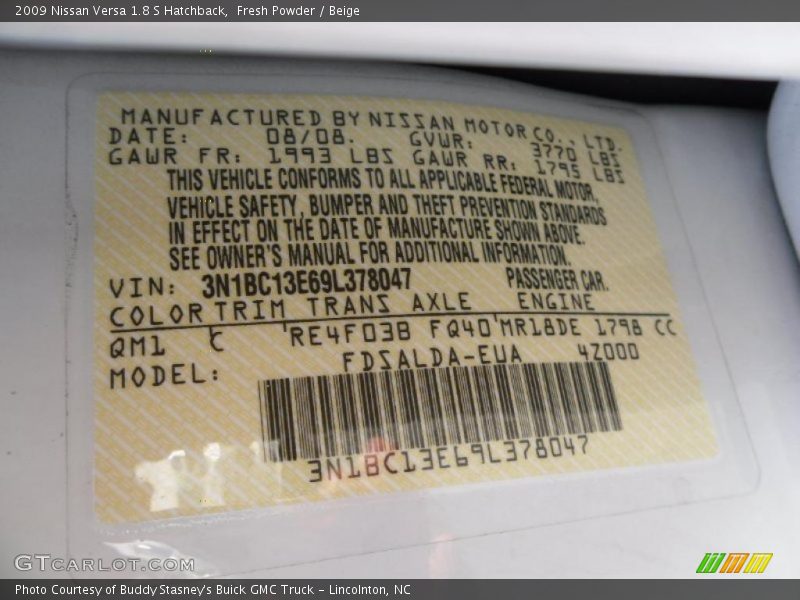 Fresh Powder / Beige 2009 Nissan Versa 1.8 S Hatchback