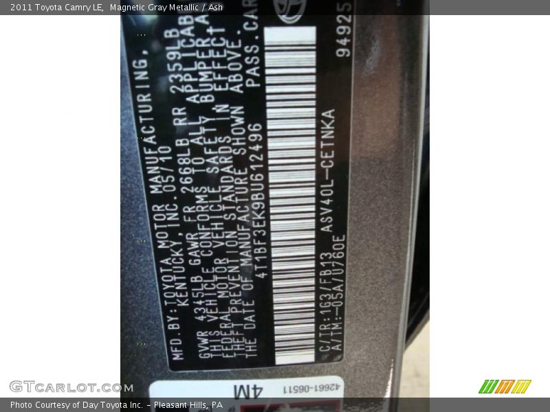 Magnetic Gray Metallic / Ash 2011 Toyota Camry LE