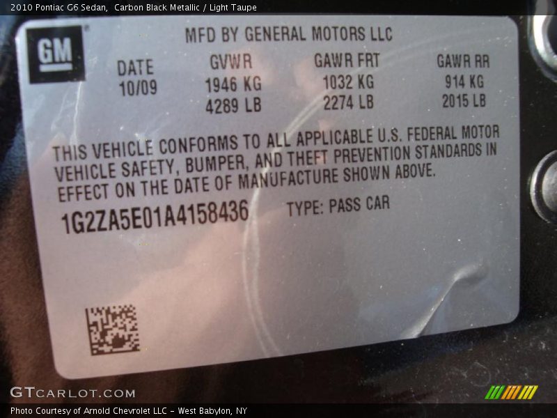 Carbon Black Metallic / Light Taupe 2010 Pontiac G6 Sedan