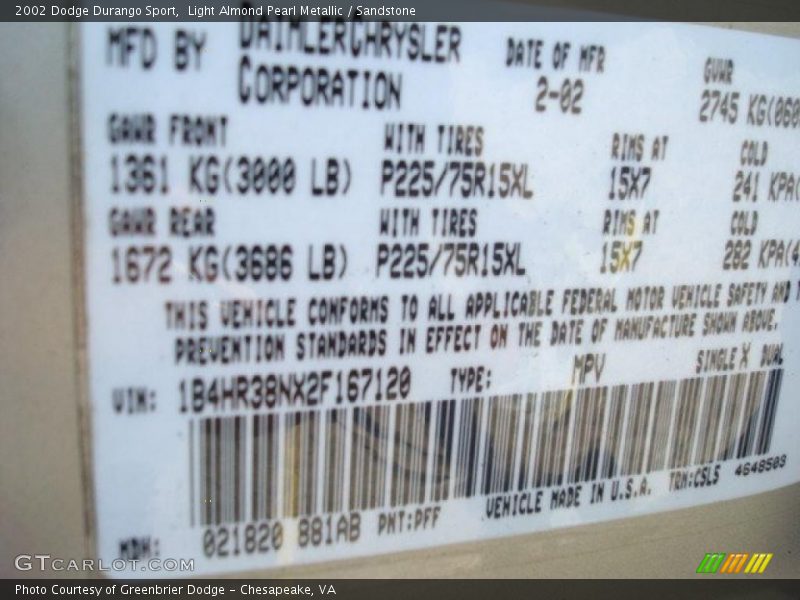Light Almond Pearl Metallic / Sandstone 2002 Dodge Durango Sport
