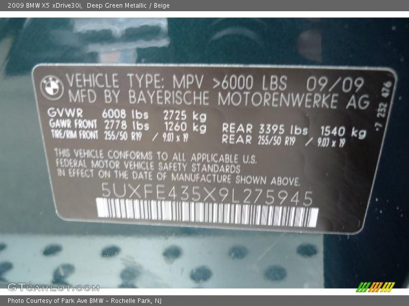 Deep Green Metallic / Beige 2009 BMW X5 xDrive30i