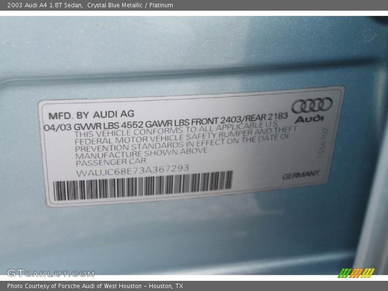 Crystal Blue Metallic / Platinum 2003 Audi A4 1.8T Sedan