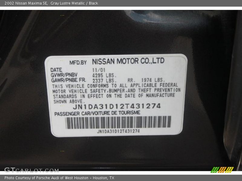 Gray Lustre Metallic / Black 2002 Nissan Maxima SE