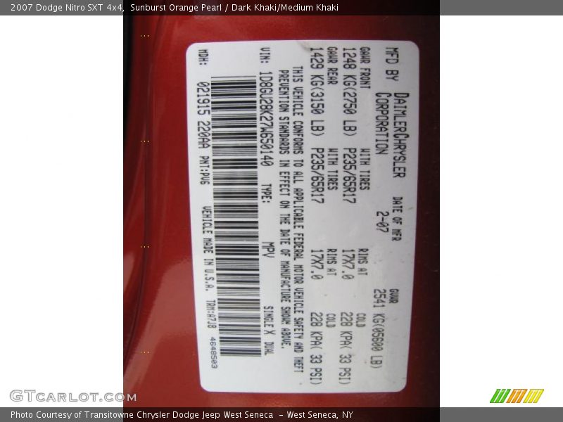 Sunburst Orange Pearl / Dark Khaki/Medium Khaki 2007 Dodge Nitro SXT 4x4