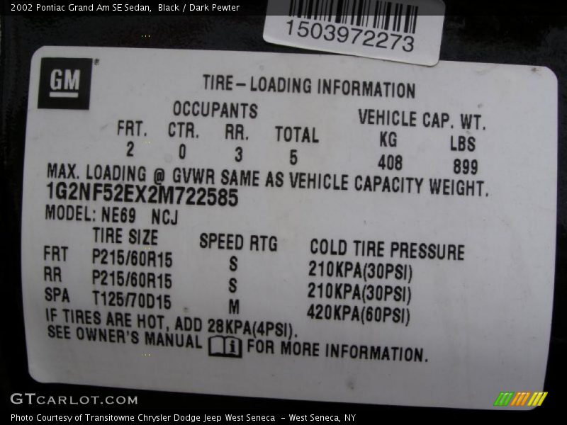Black / Dark Pewter 2002 Pontiac Grand Am SE Sedan