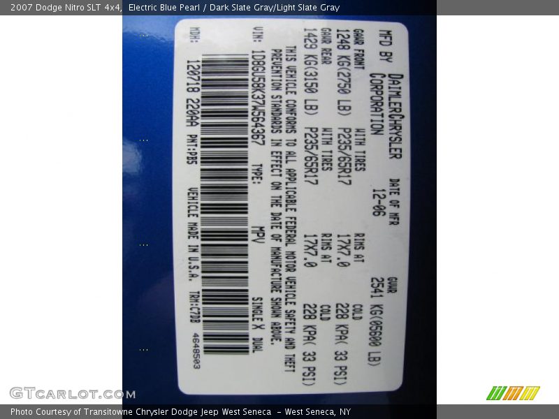 Electric Blue Pearl / Dark Slate Gray/Light Slate Gray 2007 Dodge Nitro SLT 4x4