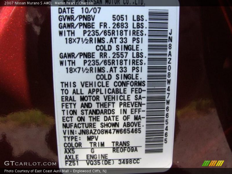 Merlot Pearl / Charcoal 2007 Nissan Murano S AWD