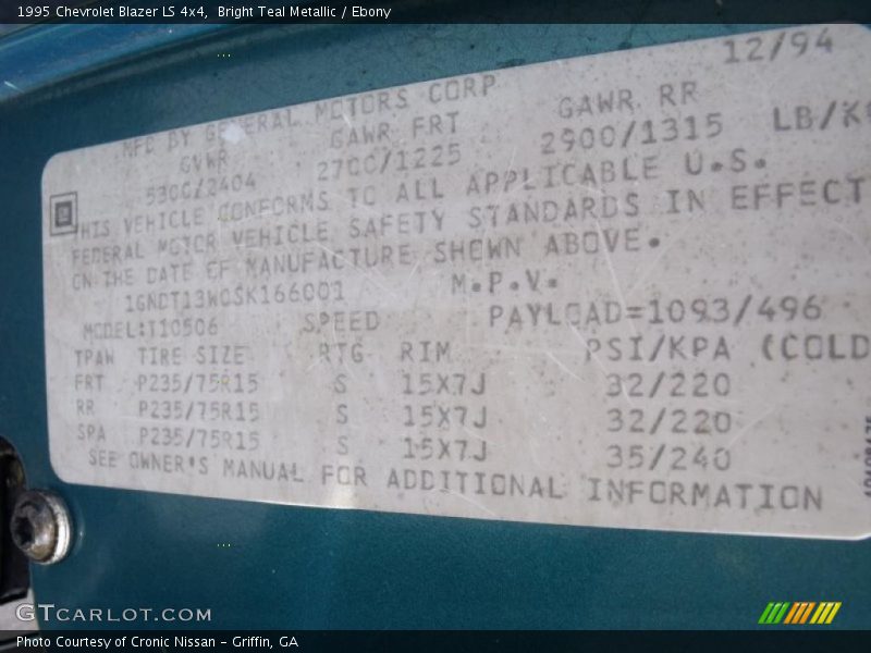 Bright Teal Metallic / Ebony 1995 Chevrolet Blazer LS 4x4