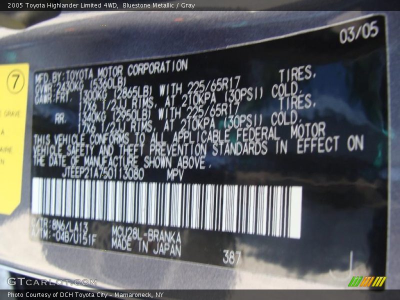 Bluestone Metallic / Gray 2005 Toyota Highlander Limited 4WD
