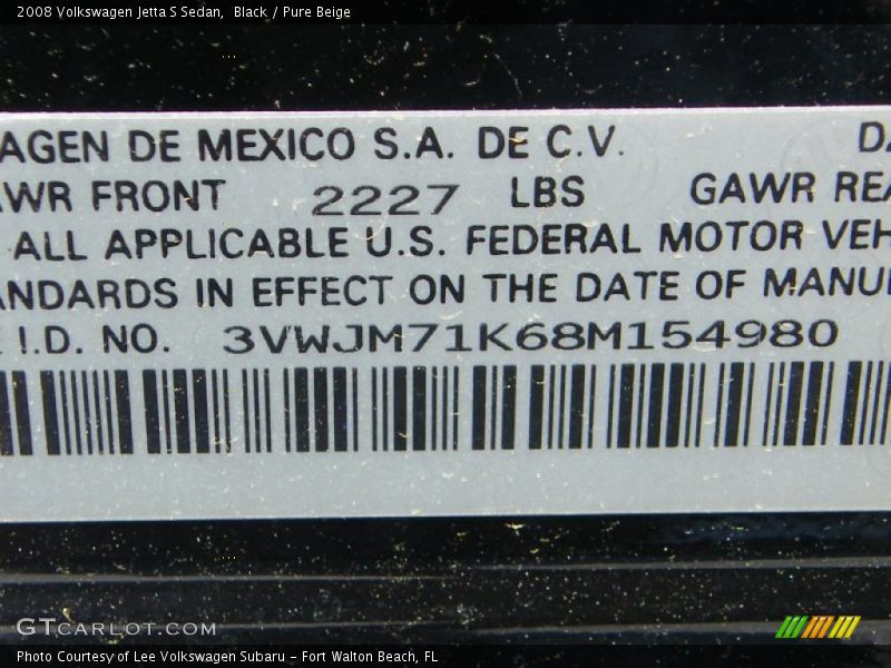 Black / Pure Beige 2008 Volkswagen Jetta S Sedan