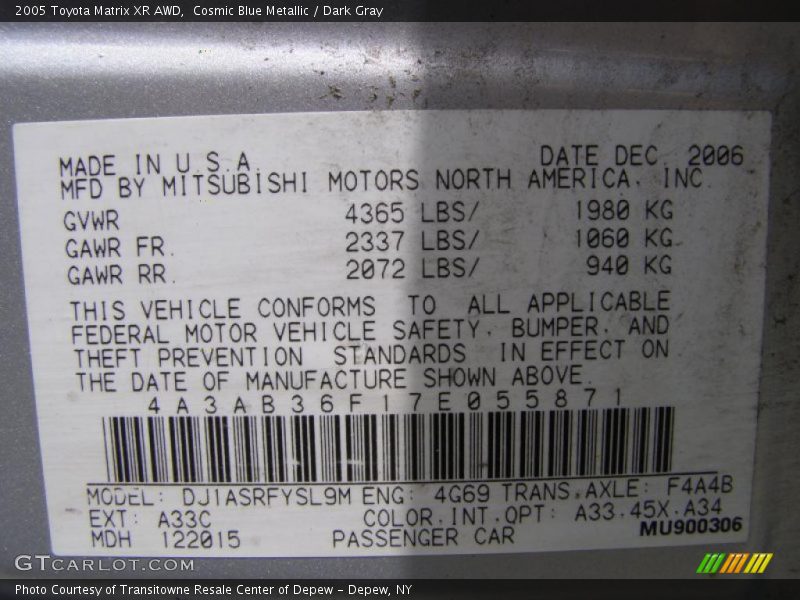 Cosmic Blue Metallic / Dark Gray 2005 Toyota Matrix XR AWD