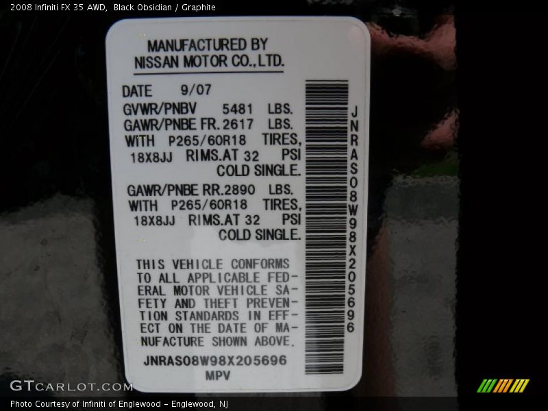 Black Obsidian / Graphite 2008 Infiniti FX 35 AWD