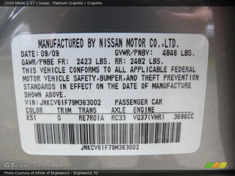Platinum Graphite / Graphite 2009 Infiniti G 37 x Sedan