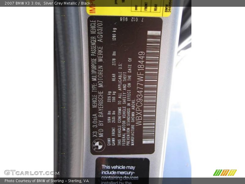 Silver Grey Metallic / Black 2007 BMW X3 3.0si
