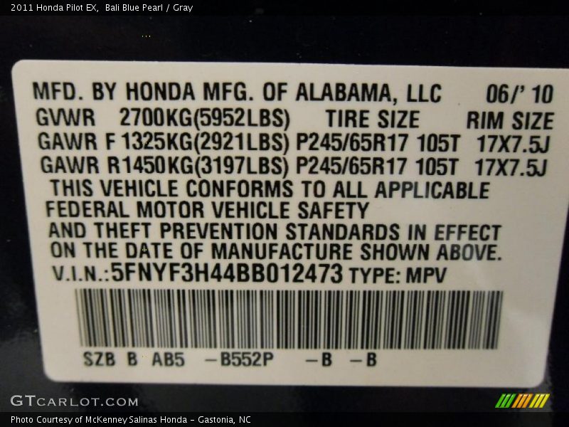 Bali Blue Pearl / Gray 2011 Honda Pilot EX