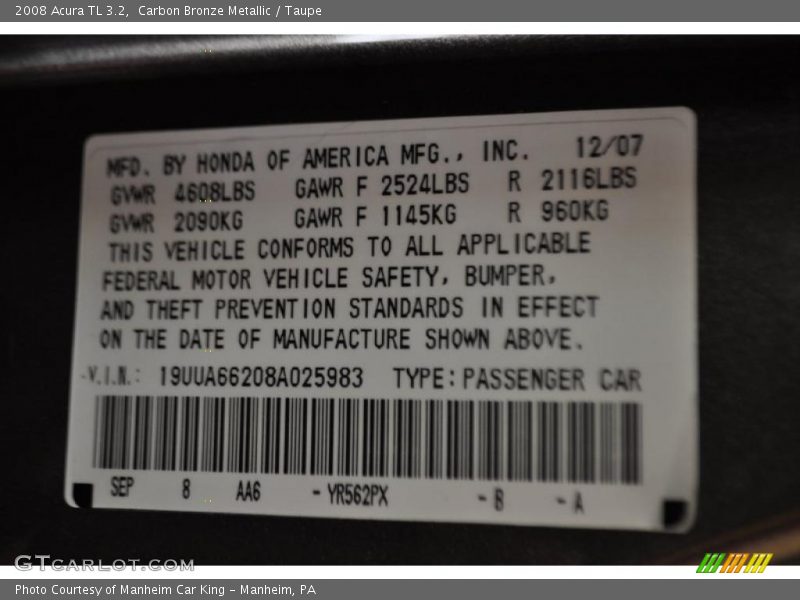 Carbon Bronze Metallic / Taupe 2008 Acura TL 3.2