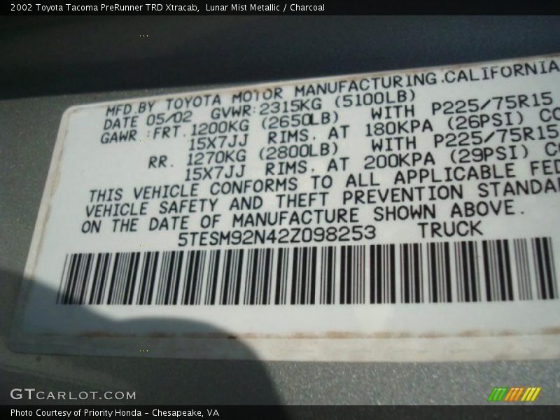 Lunar Mist Metallic / Charcoal 2002 Toyota Tacoma PreRunner TRD Xtracab