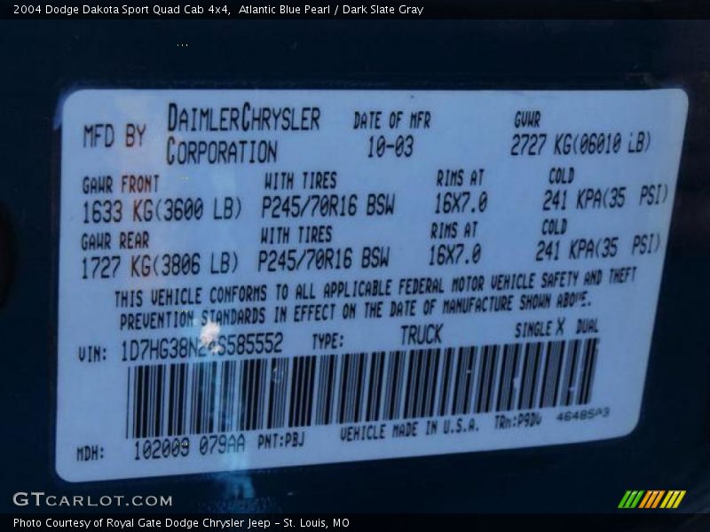 Atlantic Blue Pearl / Dark Slate Gray 2004 Dodge Dakota Sport Quad Cab 4x4
