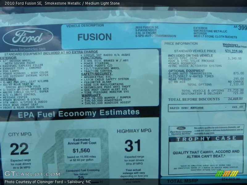 Smokestone Metallic / Medium Light Stone 2010 Ford Fusion SE
