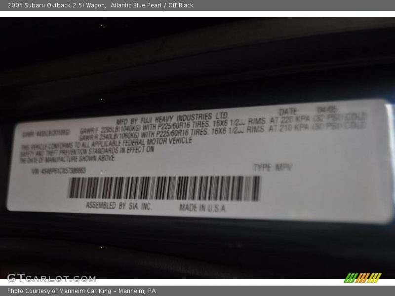 Atlantic Blue Pearl / Off Black 2005 Subaru Outback 2.5i Wagon