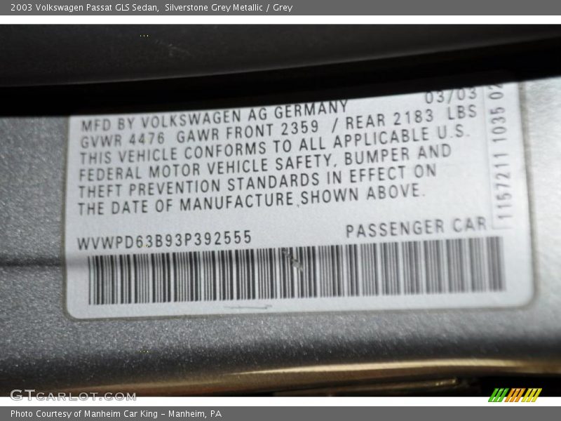 Silverstone Grey Metallic / Grey 2003 Volkswagen Passat GLS Sedan