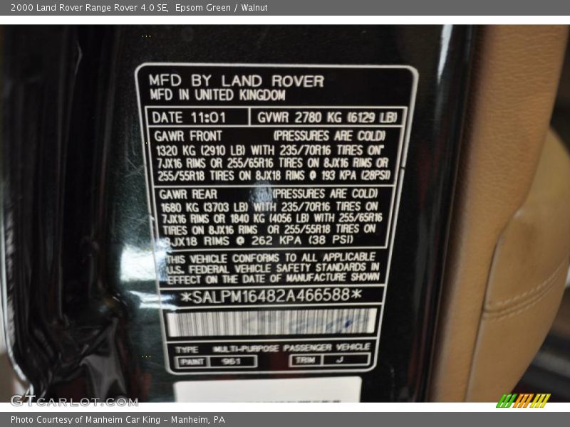 Epsom Green / Walnut 2000 Land Rover Range Rover 4.0 SE