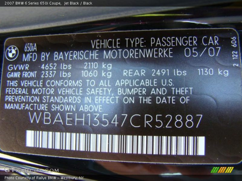 Jet Black / Black 2007 BMW 6 Series 650i Coupe