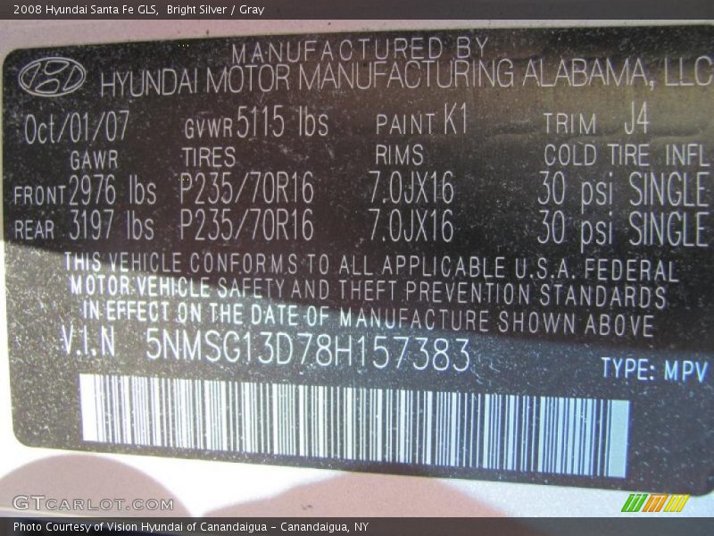 Bright Silver / Gray 2008 Hyundai Santa Fe GLS