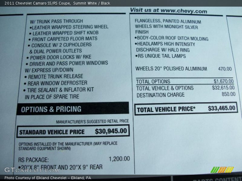 Summit White / Black 2011 Chevrolet Camaro SS/RS Coupe
