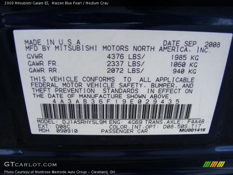 Maizen Blue Pearl / Medium Gray 2009 Mitsubishi Galant ES