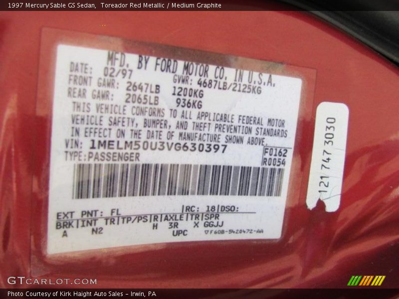 Toreador Red Metallic / Medium Graphite 1997 Mercury Sable GS Sedan