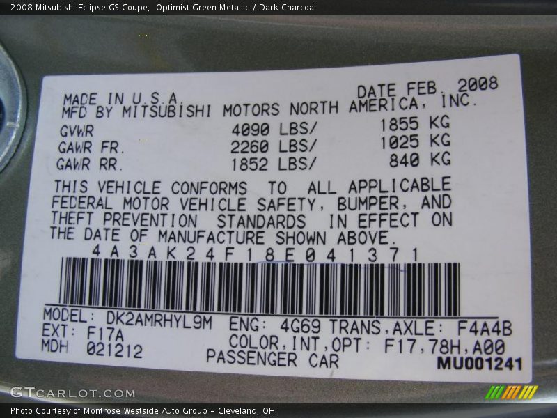 Optimist Green Metallic / Dark Charcoal 2008 Mitsubishi Eclipse GS Coupe