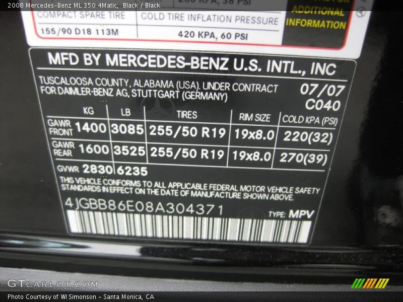 Black / Black 2008 Mercedes-Benz ML 350 4Matic