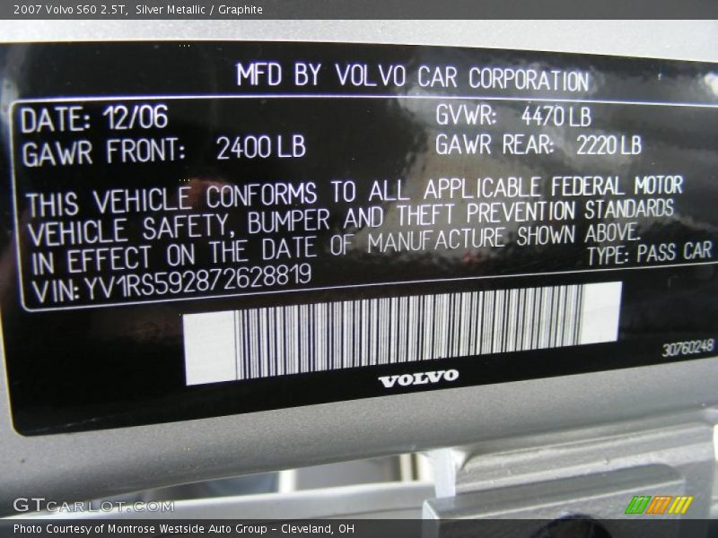 Silver Metallic / Graphite 2007 Volvo S60 2.5T