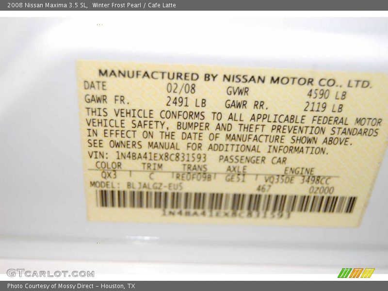 Winter Frost Pearl / Cafe Latte 2008 Nissan Maxima 3.5 SL