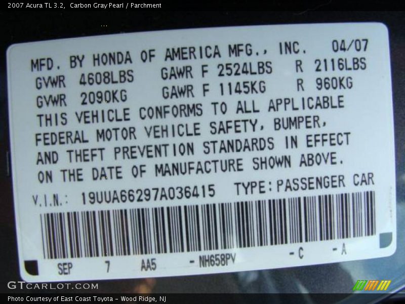 Carbon Gray Pearl / Parchment 2007 Acura TL 3.2